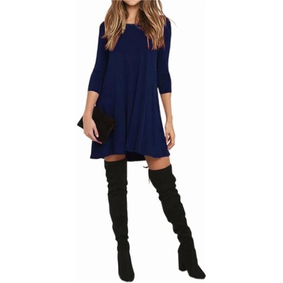 Women's Round Neck 3/4 Sleeve A-Line T-Shirt Dress – Casual with Pocket - Picture 3 of 6